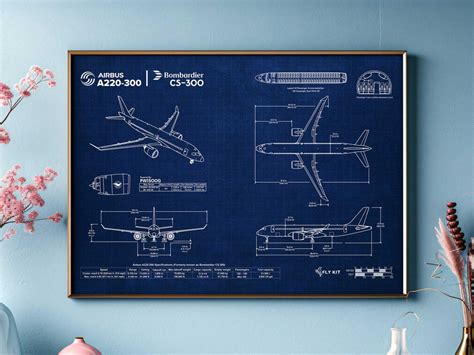 Airbus A220 300 Bombardier Cs300 Blueprint Poster Horizontal
