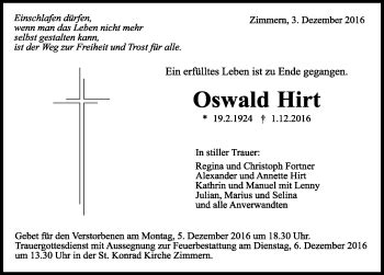 Traueranzeigen Von Oswald Hirt Schwarzw Lder Bote Trauer