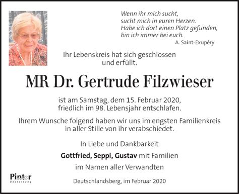 Traueranzeigen Von Gertrude Filzwieser Trauer Kleinezeitung At