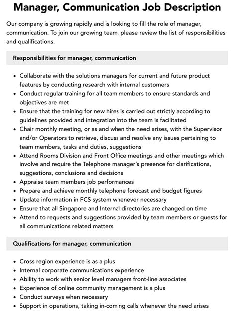 Manager Communication Job Description Velvet Jobs