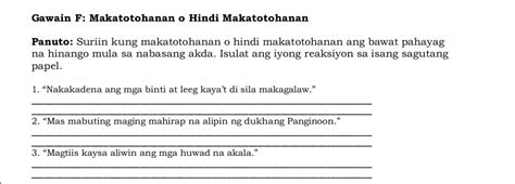 Solved Gawain F Makatotohanan O Hindi Makatotohanan Panuto Suriin