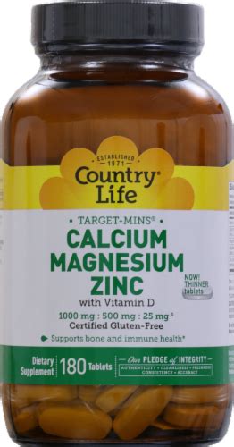 Country Life Calcium 1000 Mg Magnesium 500 Mg And Zinc 25 Mg With Vitamin D Thin Tablets 180 Ct