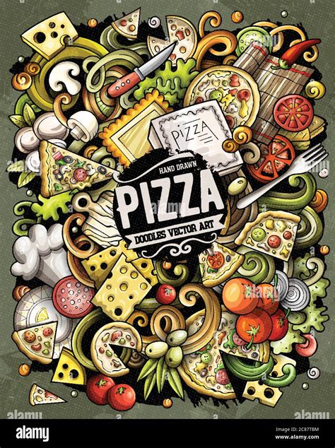 Cartoon Vector Doodles Pizza Illustration Pizzeria Funny Picture Stock