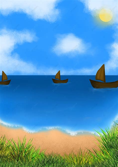 Ilustrasi Pantai Dan Perahu Nelayan Background Wallpaper Image For Free