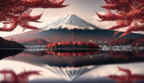 Premium AI Image Fuji Mountain Reflection With Red Maple Leaves