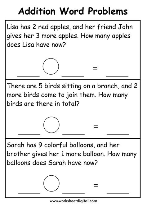 Addition Word Problems Worksheet For 1st Grade Free Printable