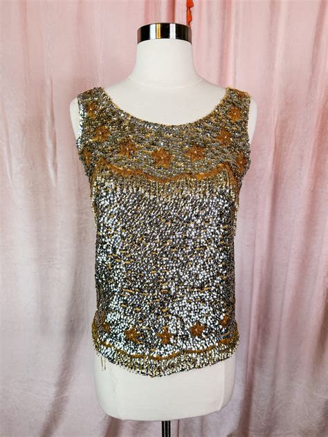 Vintage S S Gold And Silver Sequin Beaded Sweater Tank Top Small