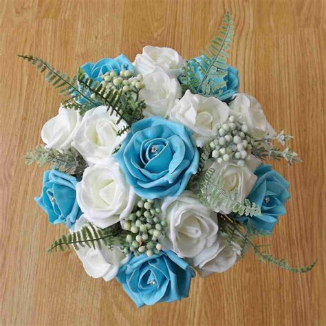 Turquoise Rose & Fern Bridesmaid Bouquet - Artificial Brides Bouquet