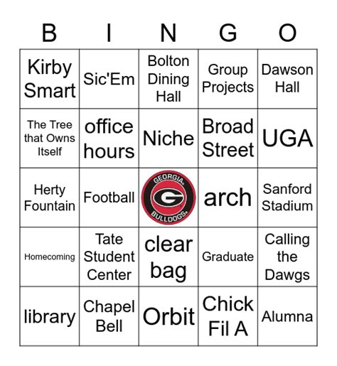 University Of Georgia Bingo Card