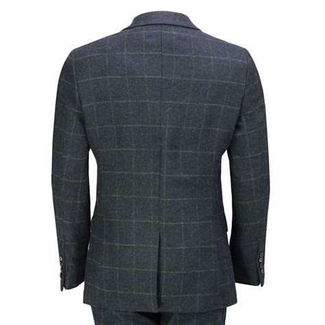 Mens Piece Suit Herringbone Tweed Navy Blue Check Retro Fitted Peaky