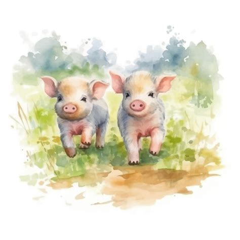 Dessin Animé Mignon Deux Cochons Dans Un Style De Peinture à L