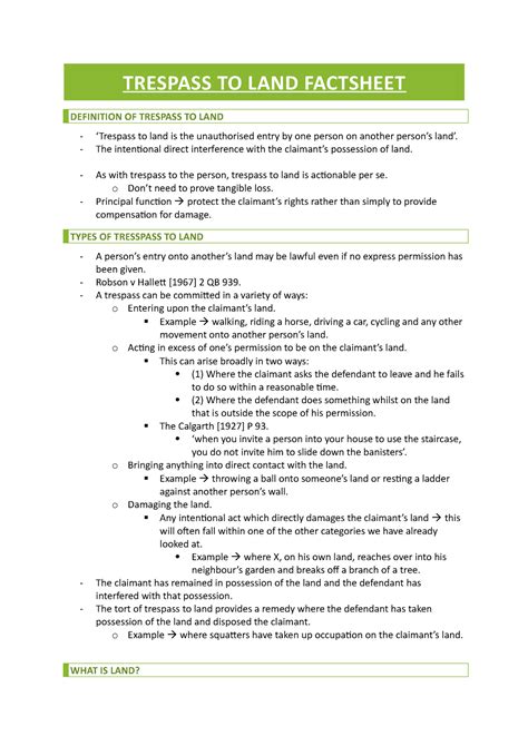 Trespass To Land Revision Notes Trespass To Land Factsheet Definition