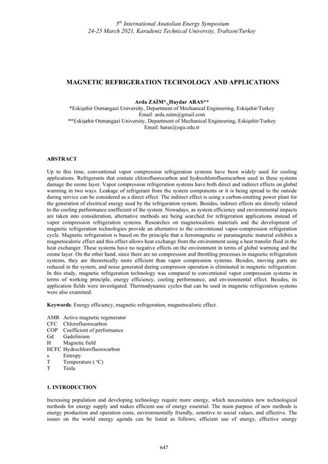 (PDF) Magnetic Refrigeration Technology and Applications