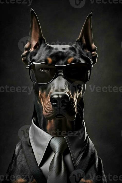 Studio Portrait Of Bold Angry Doberman Dog In Suit Shirt And Tie