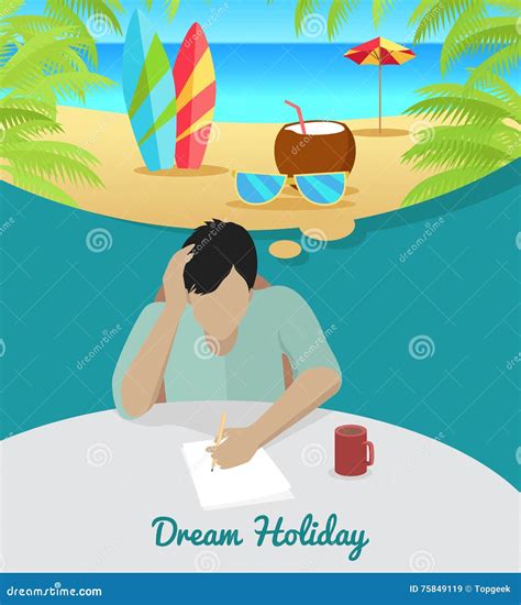 Man Dreaming about Vacation on the Beach Stock Vector - Illustration of