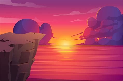 Premium Vector Sunset In Ocean Landscape With A Big Rock Cloud Landscape