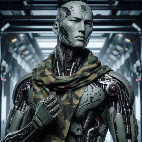 A Robot With A Camo On His Chest And A Scarf Premium Ai Generated Image