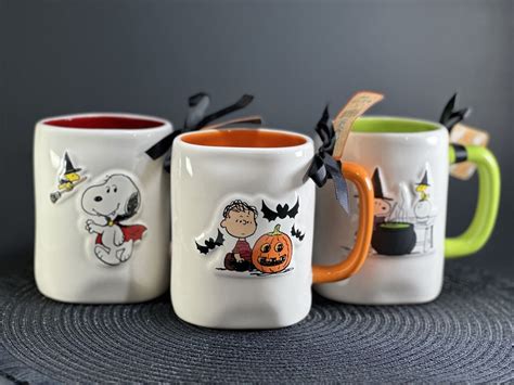 Rae Dunn Peanuts Snoopy Pumpkin Linus 3d Halloween Mugs Set Of 3 New