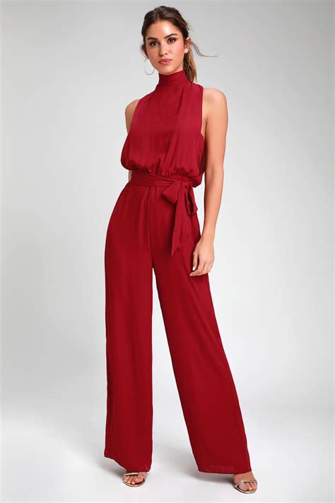 Chic Wine Red Jumpsuit Backless Jumpsuit Mock Neck Jumpsuit Lulus