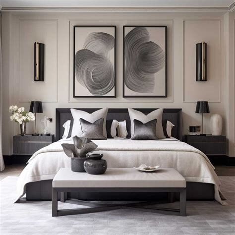 A Large Bed Sitting In A Bedroom Next To Two Paintings