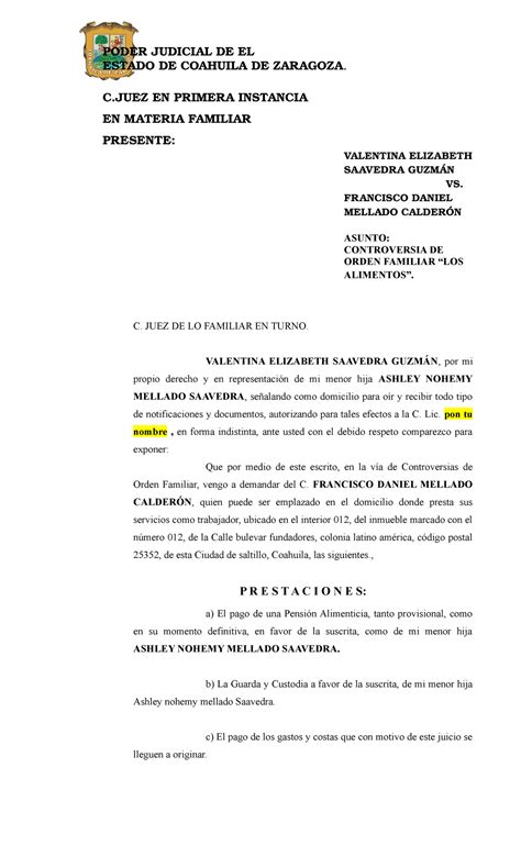 Demanda De Alimentos PODER JUDICIAL DE EL ESTADO DE COAHUILA DE