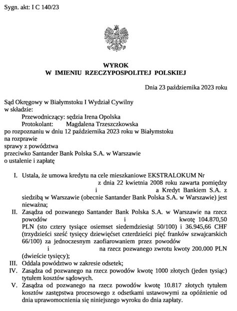 Wyrok z 23 10 2023 r wygrana z Santander Bank na kwotę około 280 tys