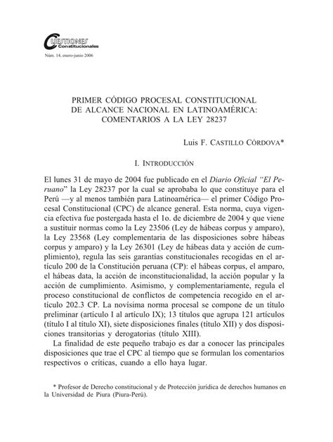 Pdf Primer Código Procesal Constitucional De Alcance Nacional En Latinoamérica Comentarios A