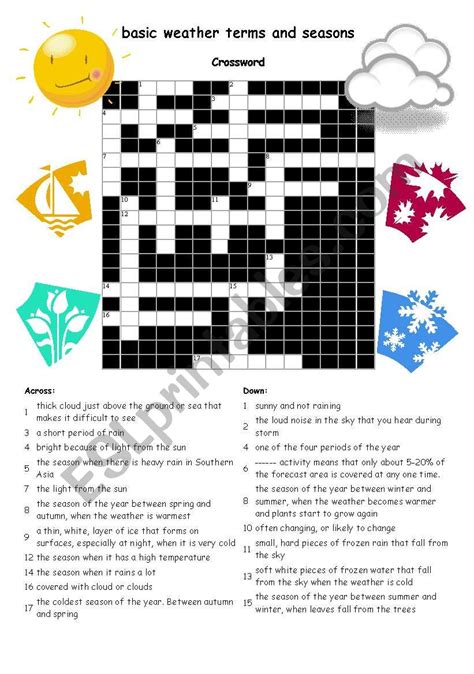 Crossword For Weather Basic Term And Seasons Esl Worksheet By Ichi