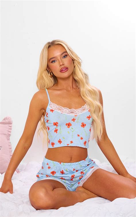 Ensemble De Pyjama Bleu Imprimé Coquelicots À Bordure Et Ourlet En Dentelle Lingerie Pyjamas