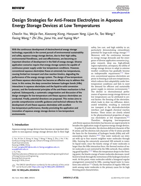 Design Strategies For Anti‐freeze Electrolytes In Aqueous Energy