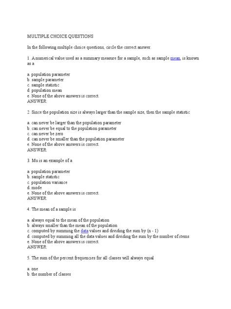 40 Multiple Choice Questions In Basic Statistics Mean Median