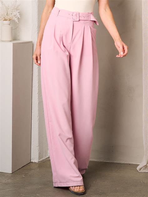 Womens Front Belt Pleated Pockets Wide Leg Pants