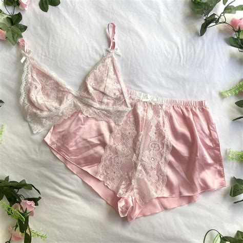 Baby Pink White Lace Satin Lingerie Set Depop