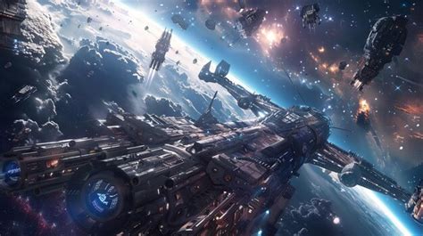 Epic Space Battle Scene Featuring Massive Futuristic Starships Glowing