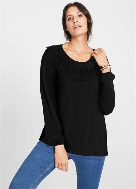 Blusa Mangas Longas Decote Em Renda Preta Bonprix