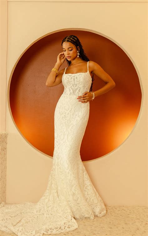 Boho Lace Column Wedding Dress With Open V Back Addy Gown