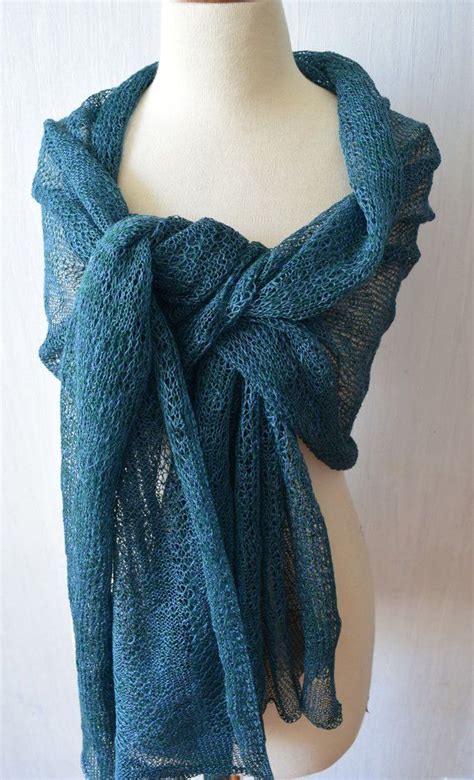 Linen Summer Shawl Knitted Scarf Natural Wrap In Teal Green Blue Ombre