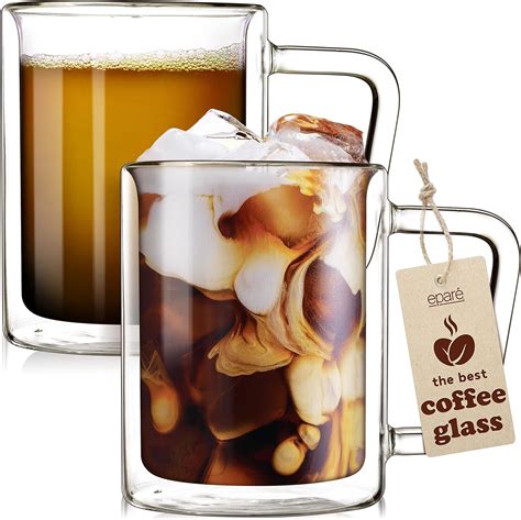 Eparé Glass Coffee Mugs 473ml Set Of 2 Clear Double Walled Glass Mugs With Handle Large