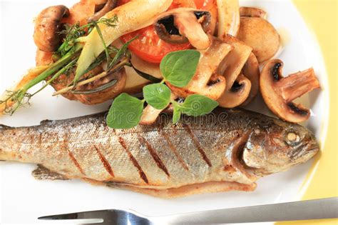 Grilled Trout with Mushrooms and Potato Stock Image - Image of prepared, dish: 63748127