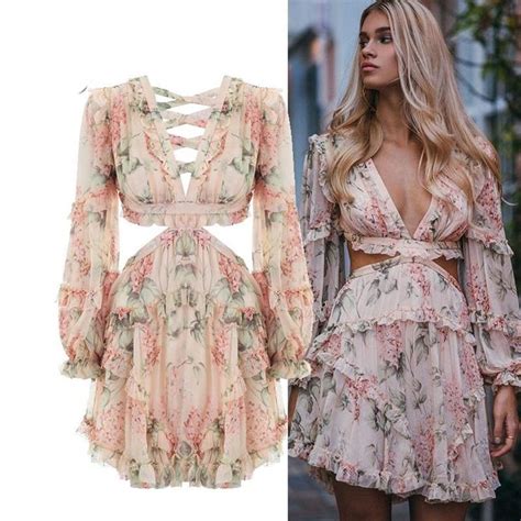 Womens Dress Hollow Out Ruffles Floral Print Chiffon Backless Deep V