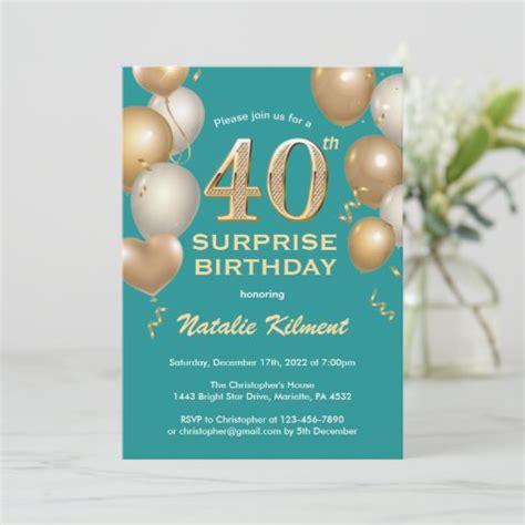 Surprise 40th Birthday Teal And Gold Balloons Invitation Zazzle