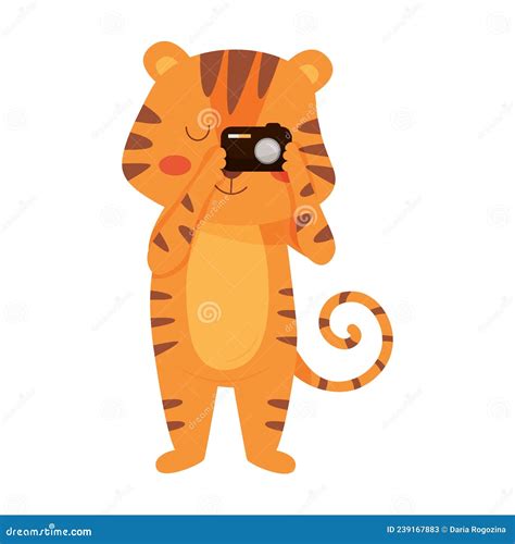 Cute Tiger Photographer Tiger With A Camera In His Hands Vector