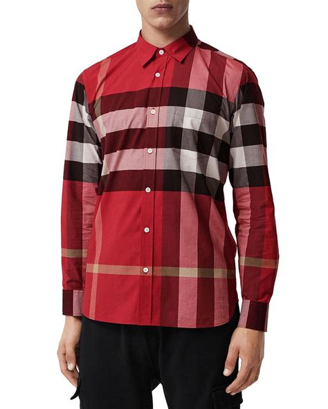 Burberry Check Stretch Cotton Shirt In Red For Men Lyst