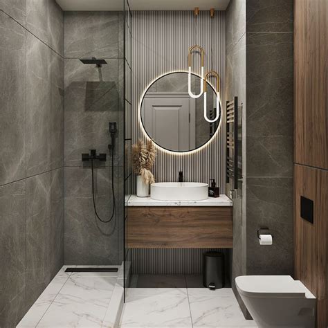 Дизайн санузла с душем и круглым зеркалом