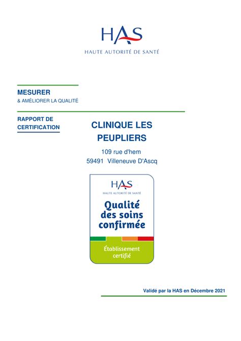 Certification Haute Autorit De Sant Clinique Les Peupliers