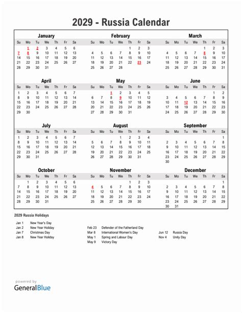 2029 Russia Calendar with Holidays