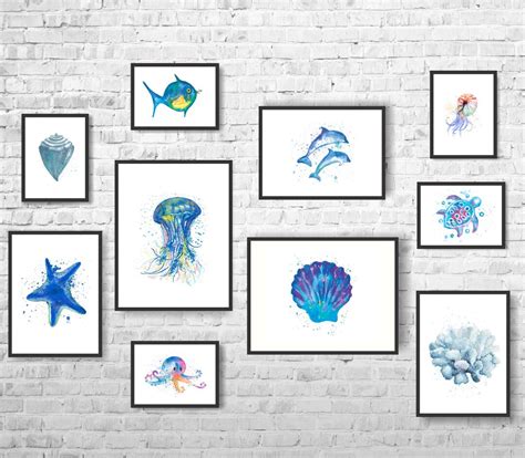 Sea Life Art, Set of 10 Sea Animals Prints, Turtle, Dolphins, Starfish ...