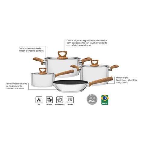 Jogo de Panelas Tramontina Brava Antiaderente em Aço Inox Fundo