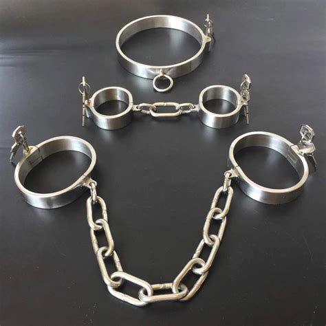 3pcs Set Stainless Steel Bdsm Bondage Slave Collar Handcuffs Ankle Cuffs Adult Games Torture