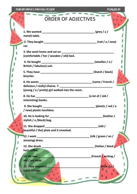 Order Of Adjective Interactive Worksheet Order Of Adjectives Order